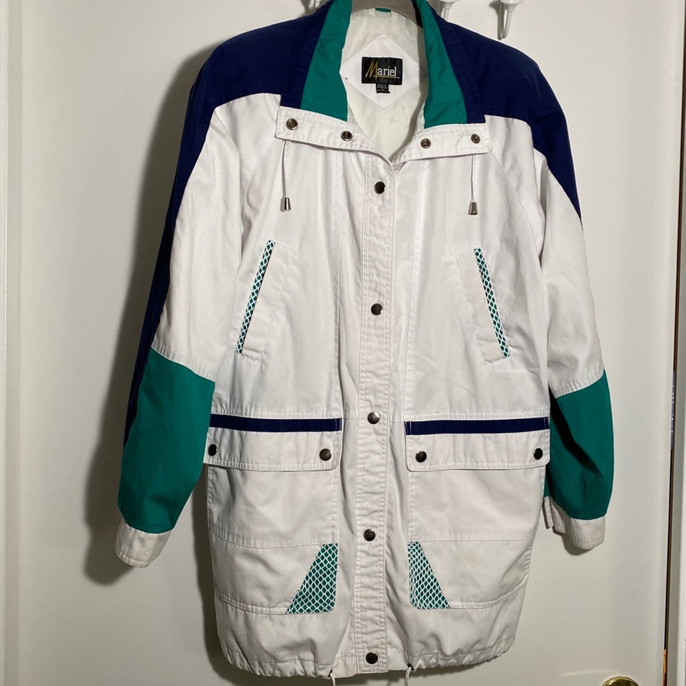 Vintage Mariel Color Block Windbreaker Jacket White Teal Blue Large 90s